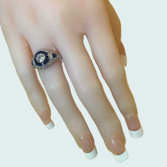 Sapphire Blue Spinel & Synthetic Diamond Deco Ring - Size 6 OR 7 - Picture 3 of 5